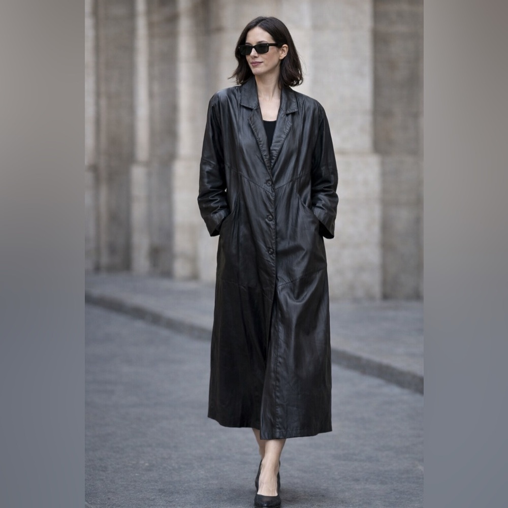 VTG G-III Genuine Leather Trench Coat Long Black Overcoat L Made in Indonesia